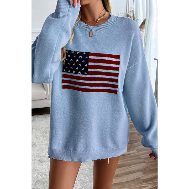 Knit Round Neck Flag Print Loose Fit Sweater for wholesale by Supreme Fashion