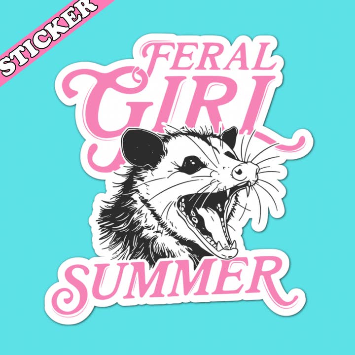 Feral Girl Summer Sticker, Funny Opossum Water Bottle Decal for wholesale by Pretty Toxic Stickers