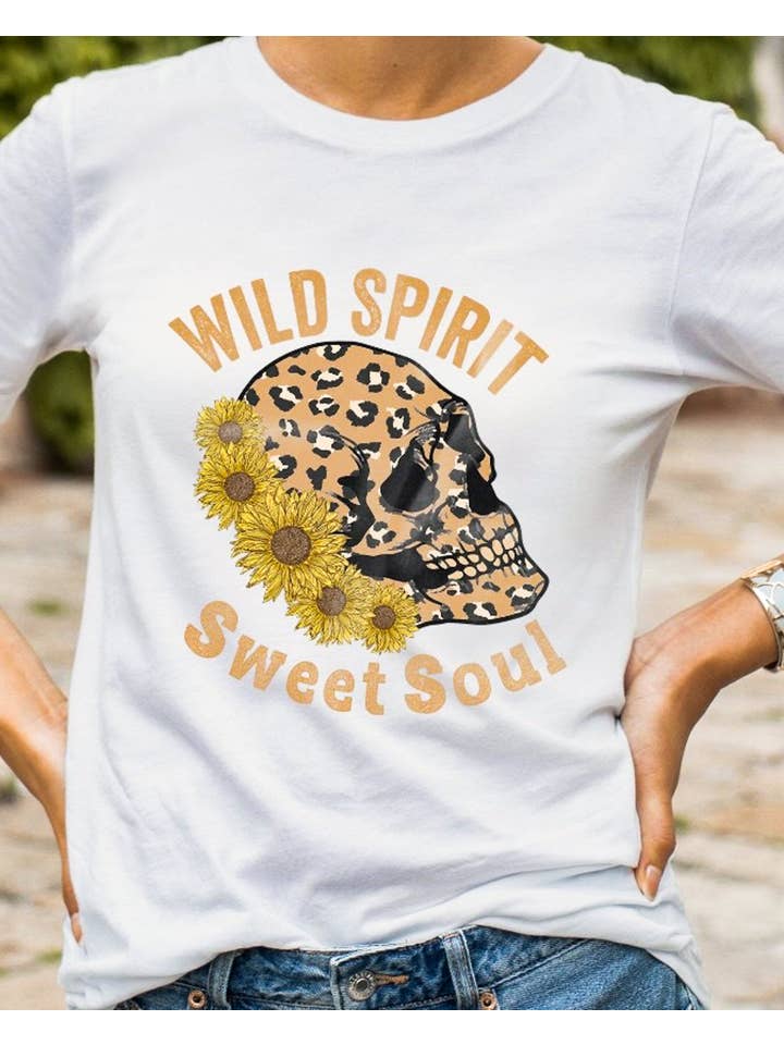 Peach Closet - Wholesale Screen Printed T-Shirt - Women's - Wild Spirit Sweet Soul Leopard Print Skull & Flowers Tee