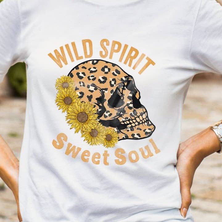 Wild Spirit Sweet Soul Leopard Print Skull & Flowers Tee for wholesale by Peach Closet