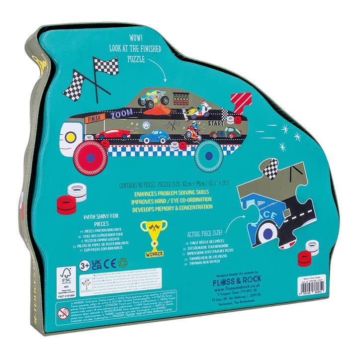 Floss and Rock - Wholesale Puzzle - Kids - Cars 40pc "Racing Car" Shaped Jigsaw with Shaped Box