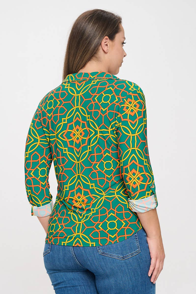 DNA Couture - Wholesale Blouse - Women's -  Plus Size Button Down Blouse - Abstract & Geometric Print2