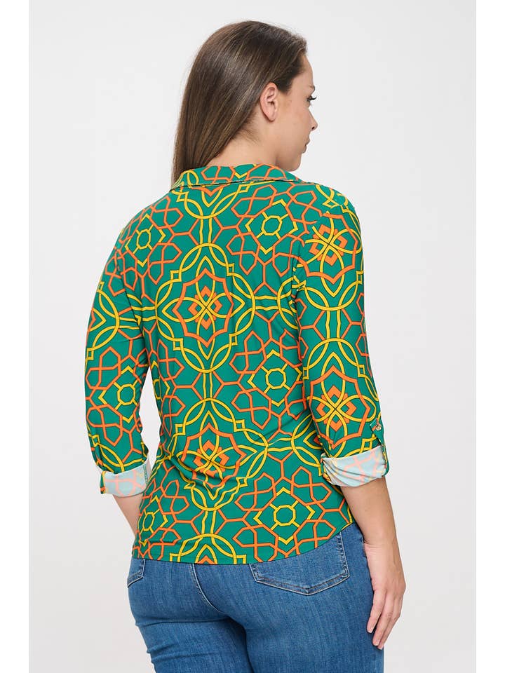 DNA Couture - Vendita all'ingrosso Camicetta - Donna - Blusa Taglie Forti con Bottoni - Stampa Astratta e Geometrica2