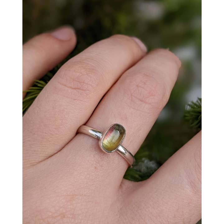 Le Tourbillon Minéral - Vente Solitaire - Bague Tourmaline Melon D'Eau Et Argent Massif T56