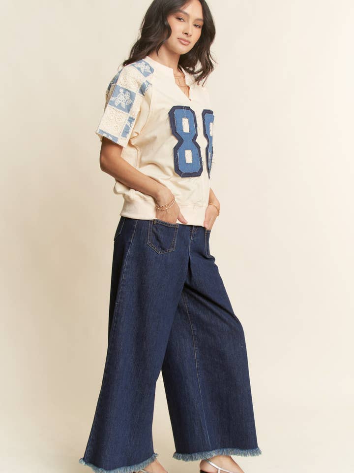 DENIM NUMBER PATCH FRONT CROCHET SWEATSHIRT TOP for wholesale on Faire