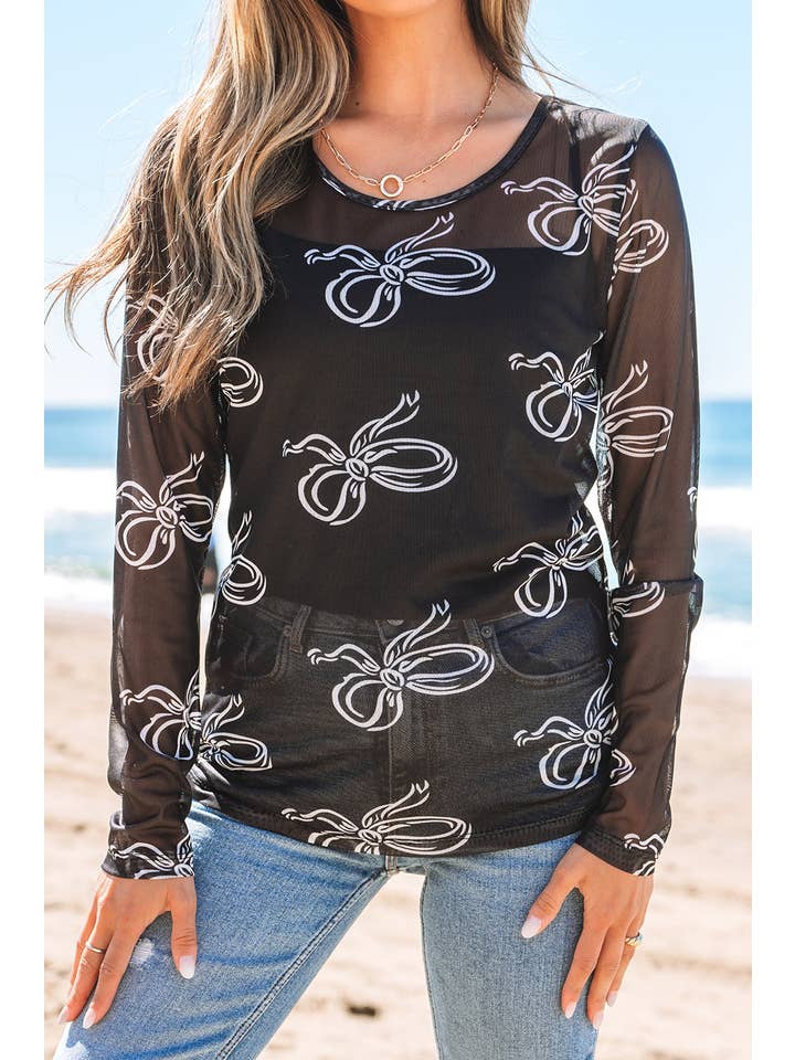 PRETTY BASH - Wholesale Blouse - Women's - Bow Long Sleeve Mesh Top3