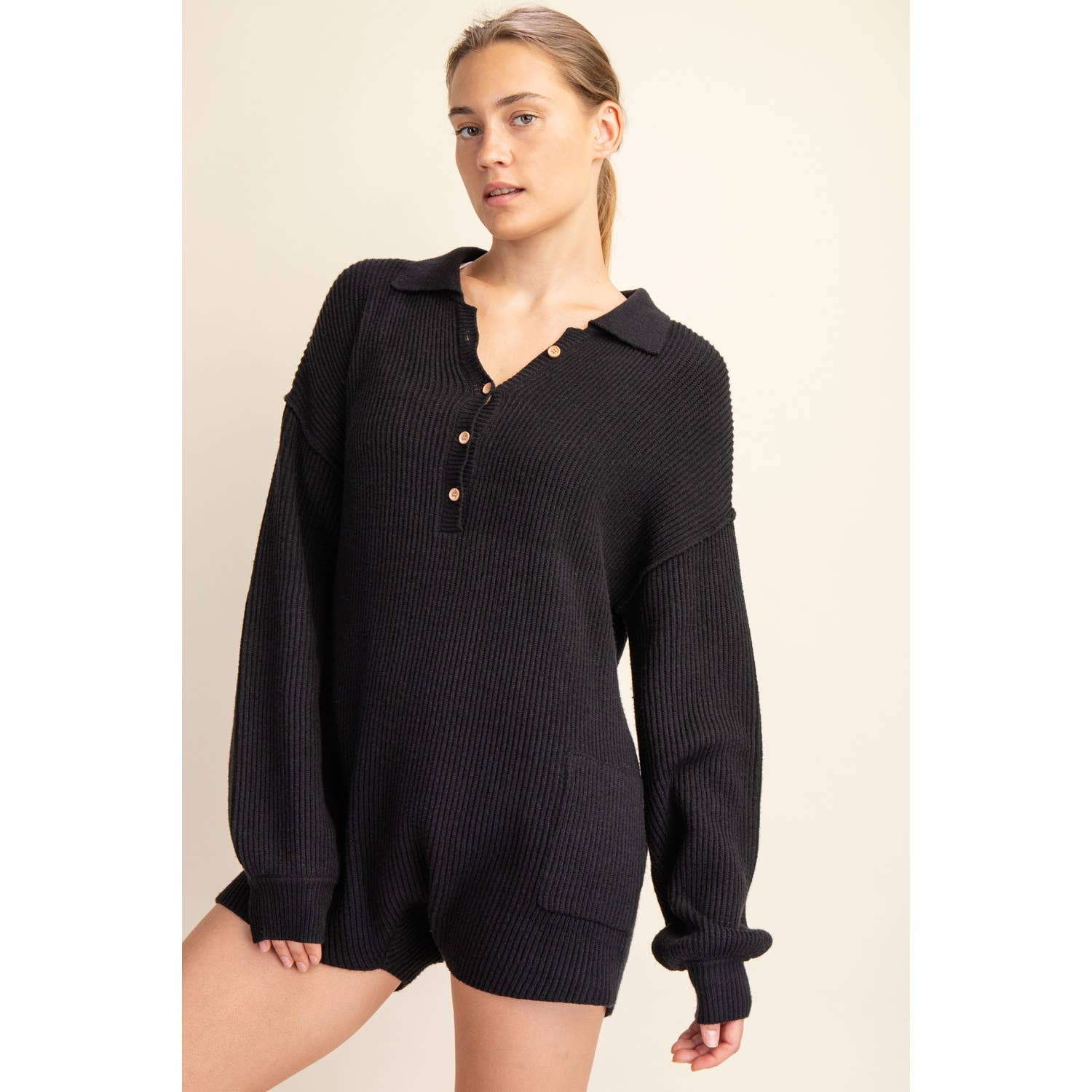Apolline - Wholesale Romper - Women's - Long Sleeve Ribbed Knit Sweater Romper with Pockets5