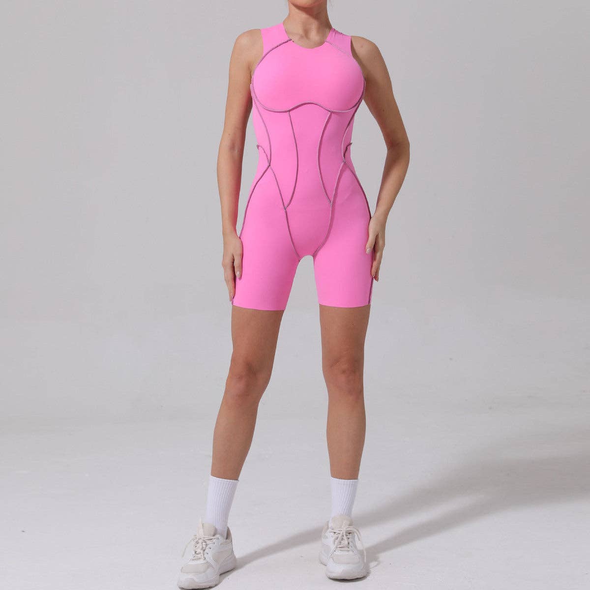 pinkblu02 – wholesale Unitard – Dam – Kvinnors mode färgkontrast tight ärmlös sportromper2