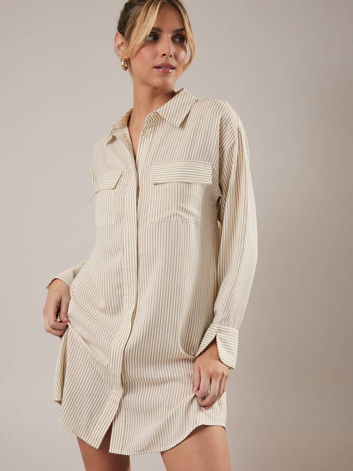 BUTTON DOWN LONG SLEEVE STRIPE SHIRT DRESS for wholesale by Sunday Edition by LE LIS