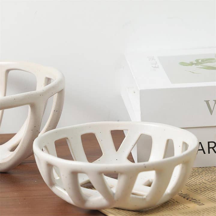Truu Design - Wholesale Decorative Tray - Truu Design Ceramic Basket Bowl, White,6.15"Dx2.35"H0