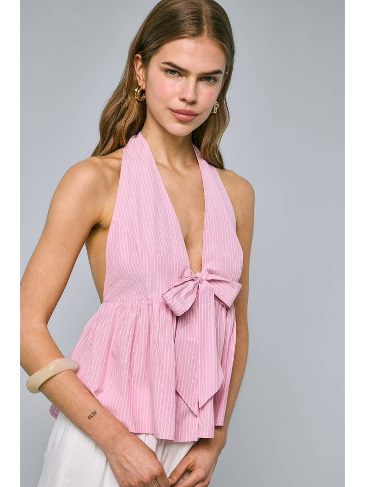 Sky to Moon - Wholesale Tank Top - Women's - STRIPE PRINT HALTER FRONT TIE OPEN BACK RUFFLE TOP