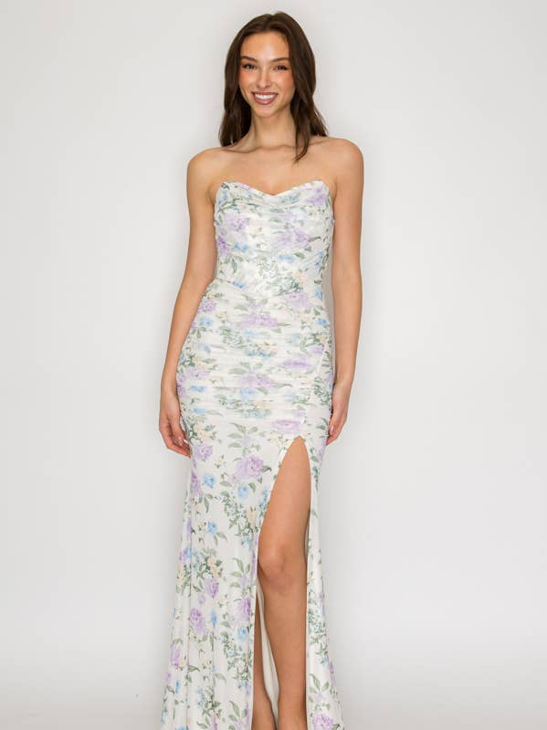 CD30727-2: FLORAL MESH STRAPLESS MERMAID MAXI DRESS for wholesale by Lovesome