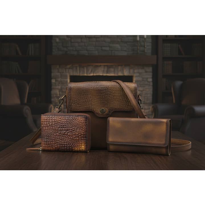 Set di lusso in pelle con texture di coccodrillo – Portafogli e tracolla per la vendita all'ingrosso da parte di Alta Quero