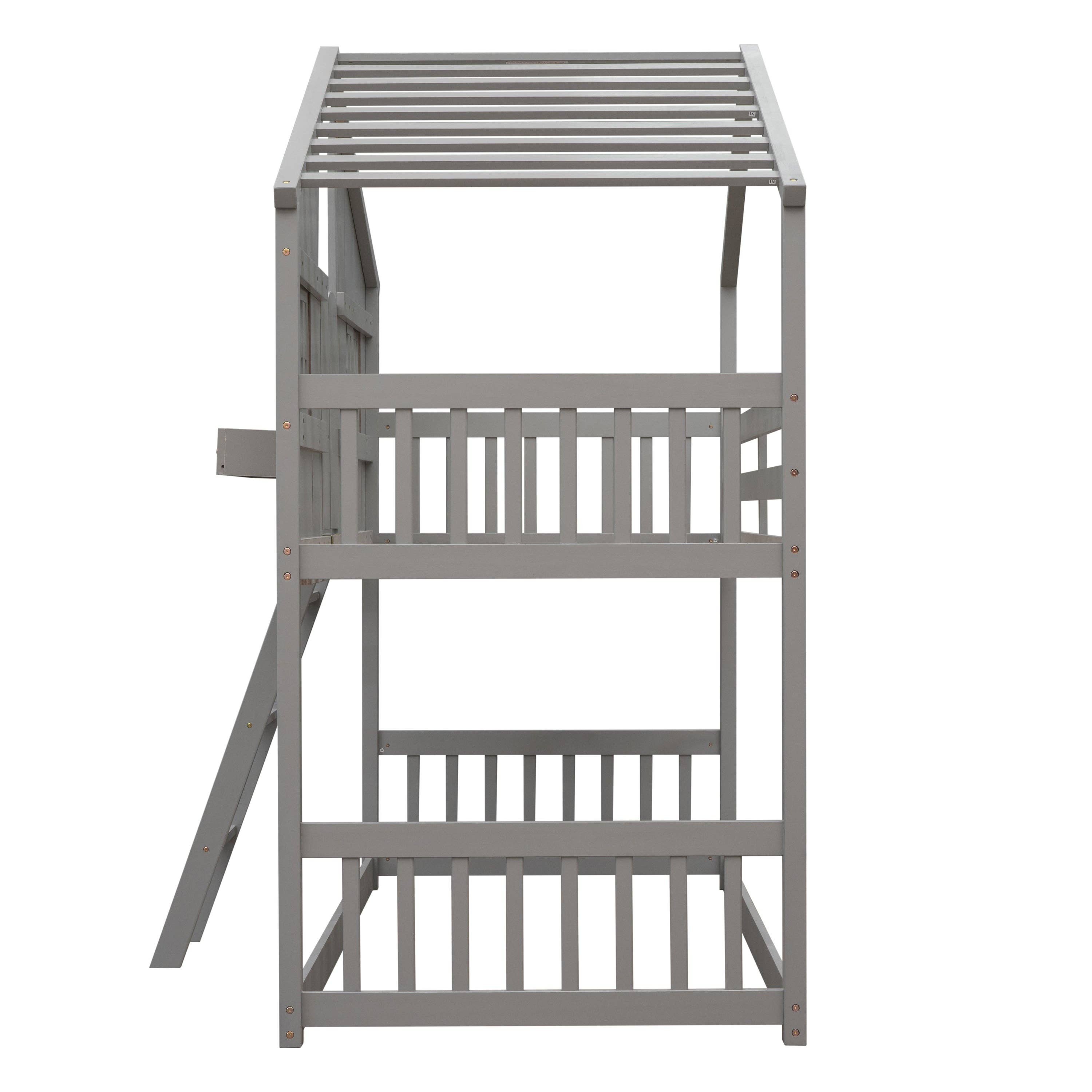 39F Inc. - Wholesale Bed - Kids & Baby - Grey Twin over Twin House Bunk Bed with Roof, Guardrails 19