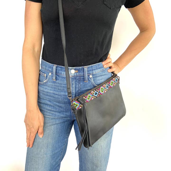 Virginia Crossbody - Pink/Teal Friendship w/Black Leather for wholesale by arloom