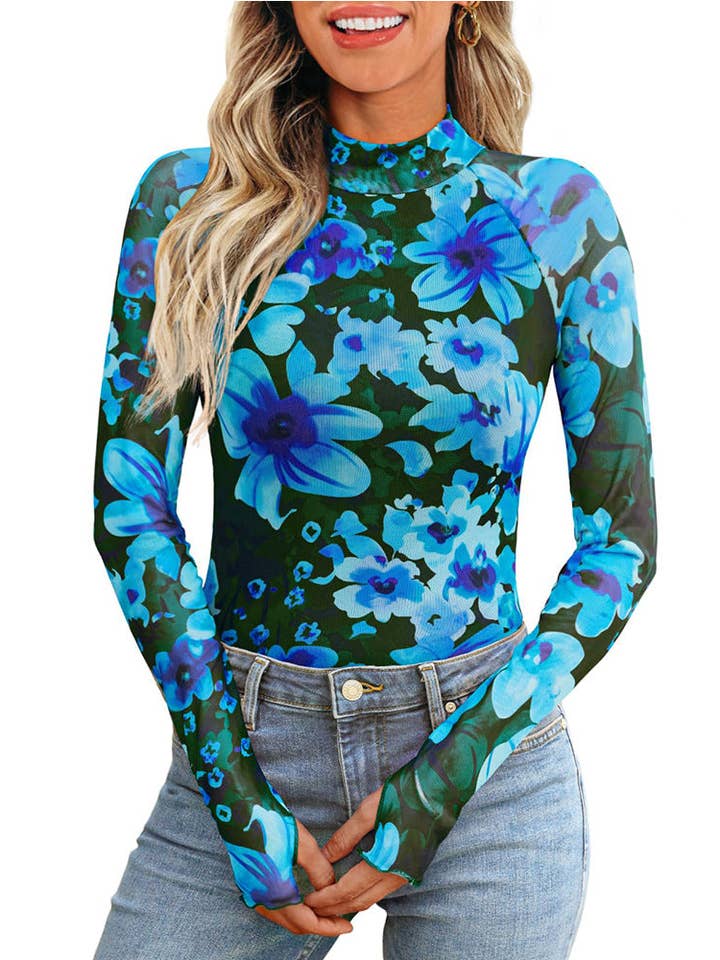 Lovesoft - Wholesale Blouse - Women's - Half High Neck Long Sleeve Tee Sexy Y2K Mesh Printed Top3