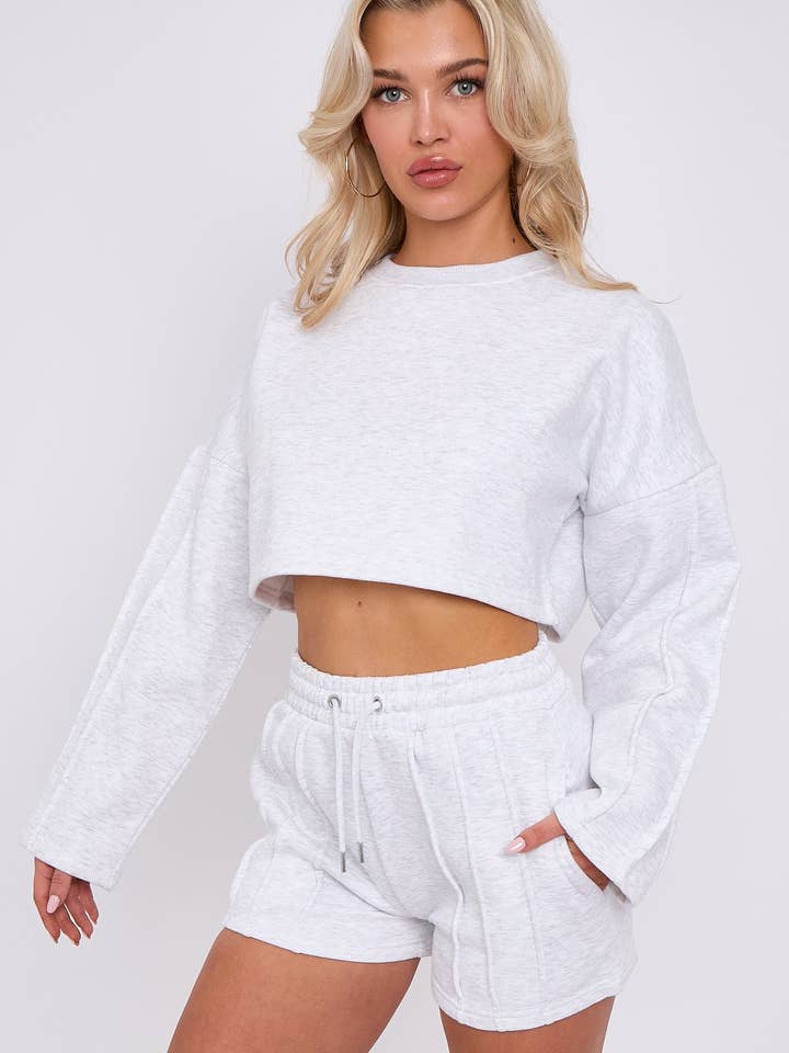 AX Labels - Wholesale Lounge Set - Women's - Seam Detail Oversized Crop Top & Shorts Fleece Co-ord16