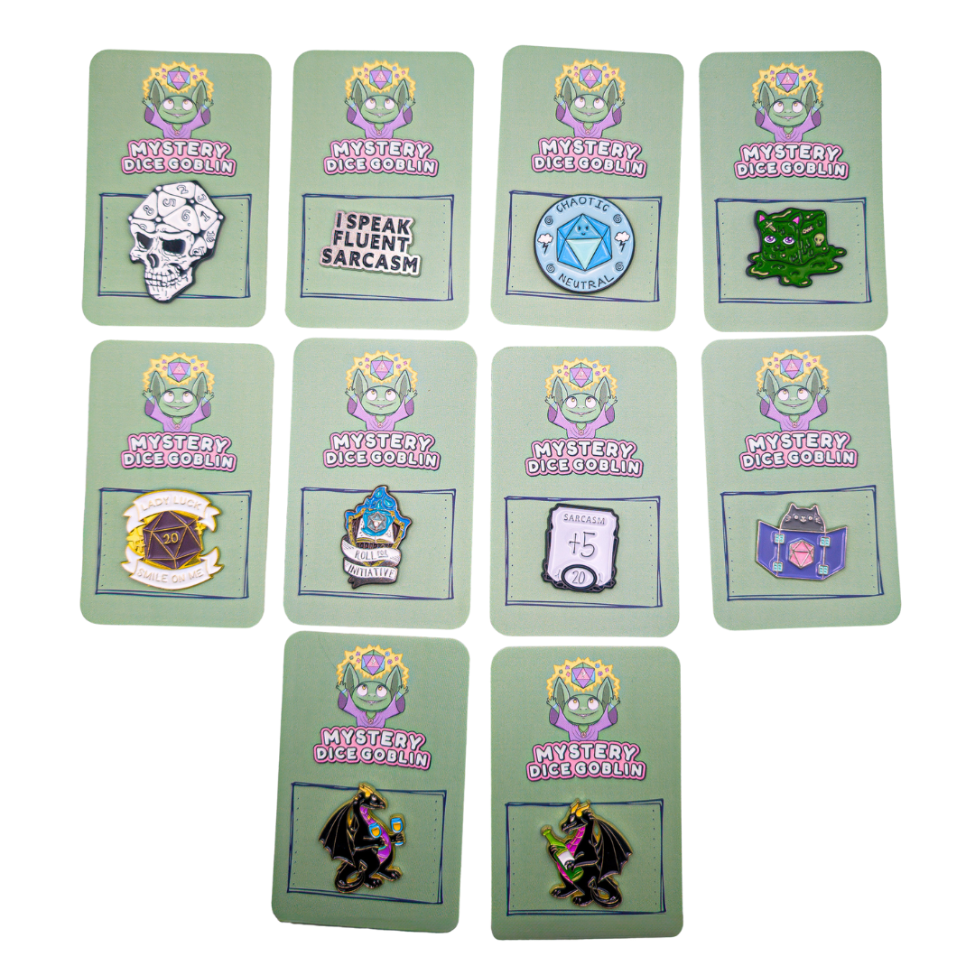 Mystery Dice Goblin – wholesale Lapel pin/button – Bulk Sets of Pins1