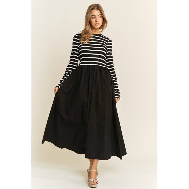 Sweet Generis - Wholesale Dress - Women's - COTTON MAXI DRESS WITH KNIT STRIPE TOP WITH LONG SLEEVES0