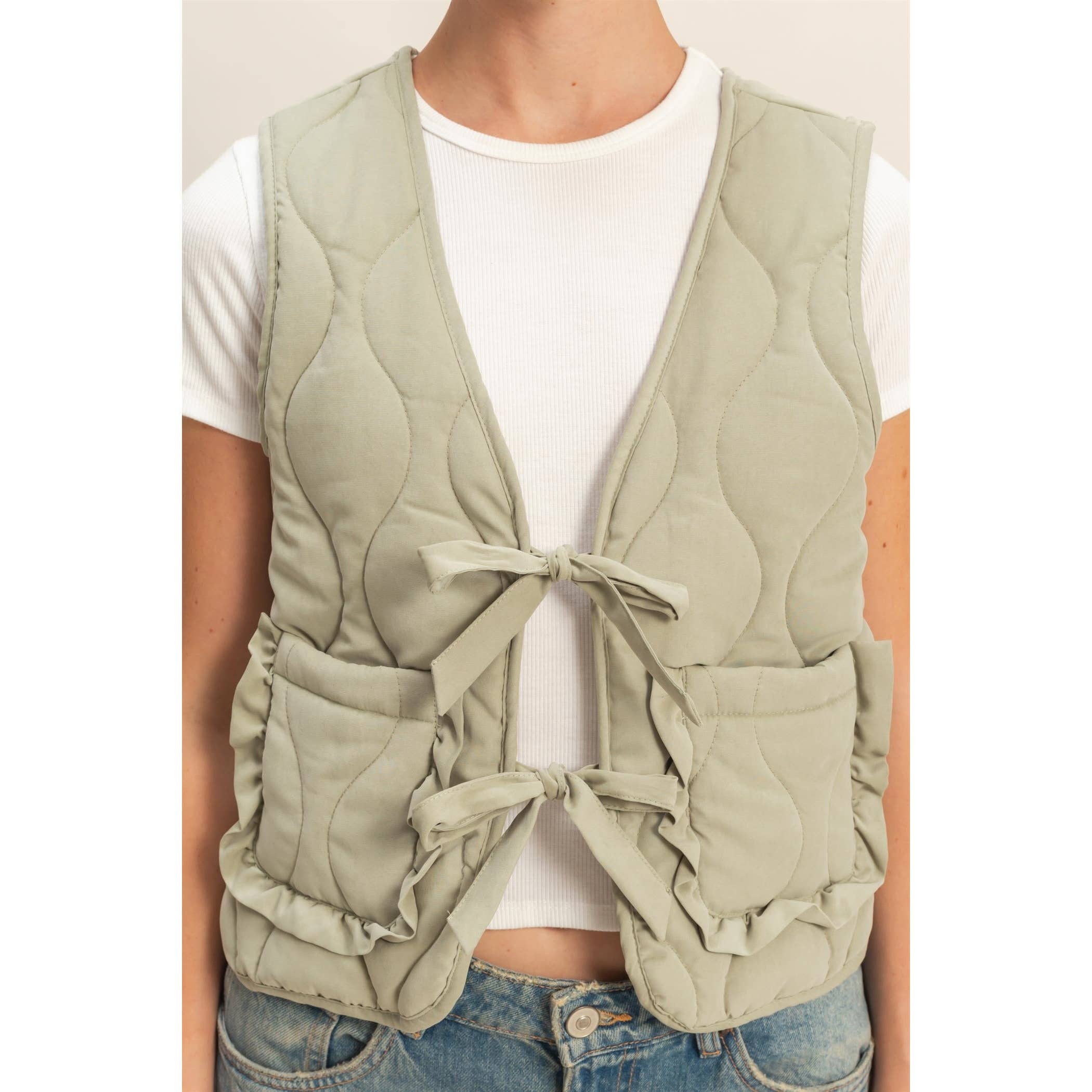 Double Zero - Wholesale Outerwear Vest - Women's - Quilted Vest With Tie-Front And Patch Pockets15