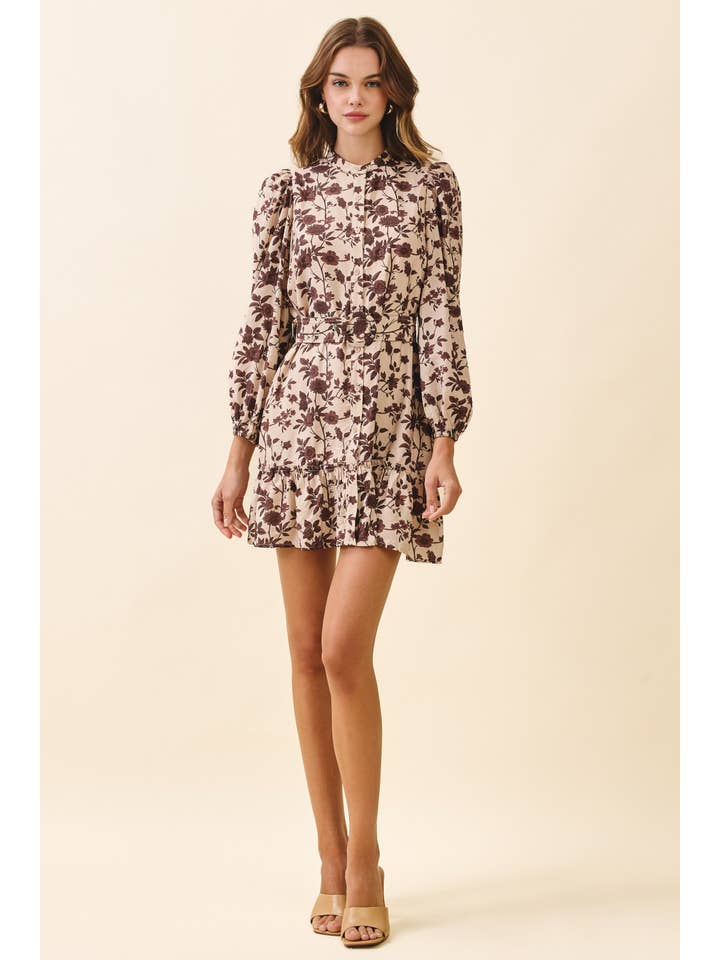 Beige CD06392-Floral Print High Neck Removable Buckle Belt Dress for wholesale on Faire4