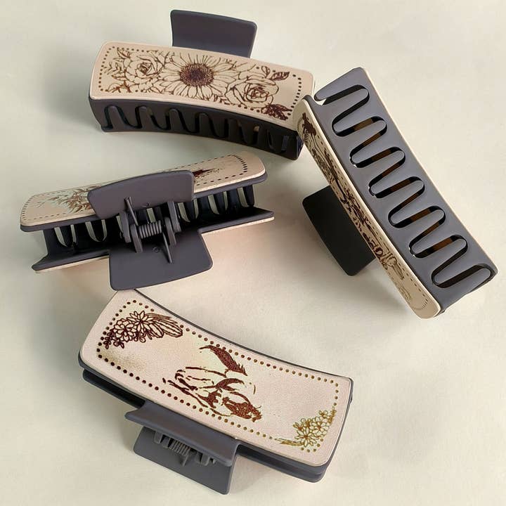 ACCITY - Wholesale Hair Clip - Women's - Cactus Print Leather Hair Claw Clip, Western Style_CWAHA06068