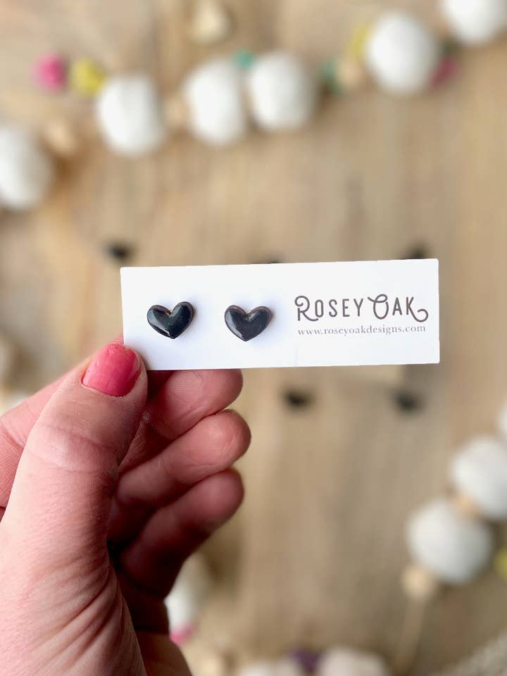 Mini Black Heart Laser Engraved Wood Stud Earrings for wholesale by Rosey Oak Designs