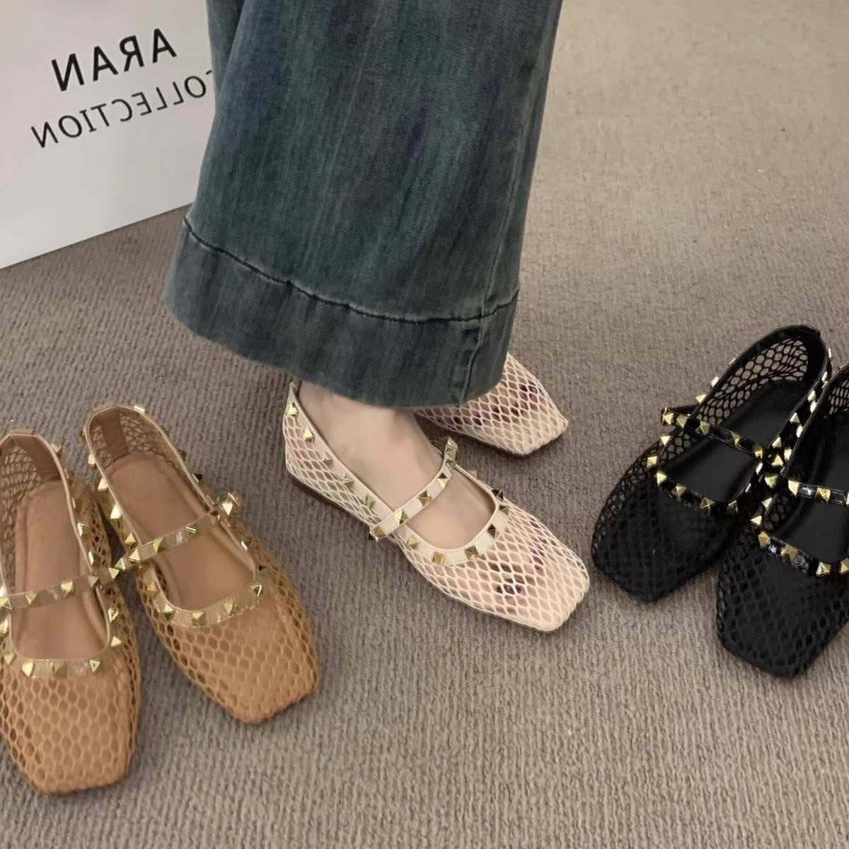 ACCITY - Wholesale Flats - Women's - Women's Hollow Mesh Flats with Stud Detail_CWSHF00922