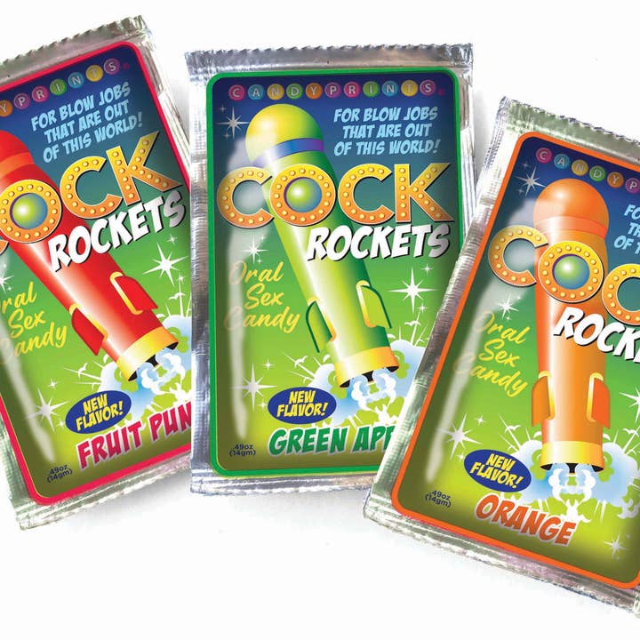 Little Genie Productions - Vente Sex toys - Bonbons Cock Rockets pour sexe oral, présentoir de 36 pièces saveur punch aux fruits, pomme verte et orange🍹🍏🍊4