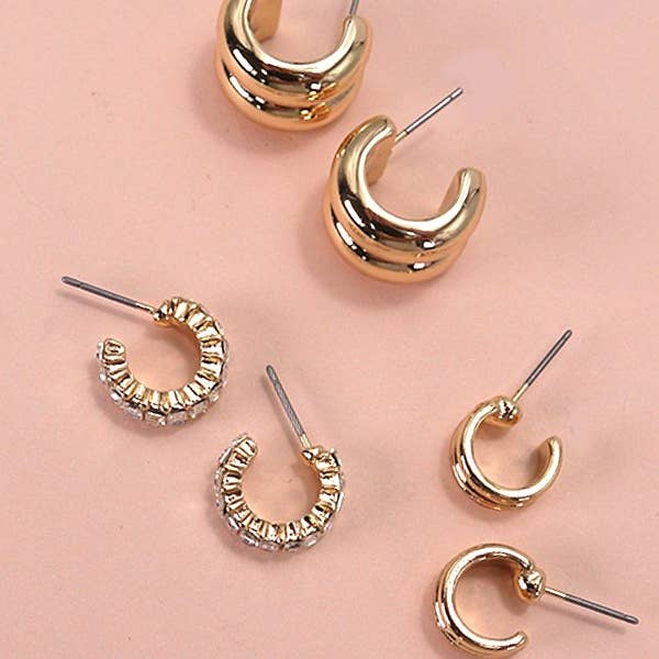 Gold BAGUETTE STONE DOUBLE HOOP HUGGIE TRIO EARRINGS | 80E5317 for wholesale on Faire2