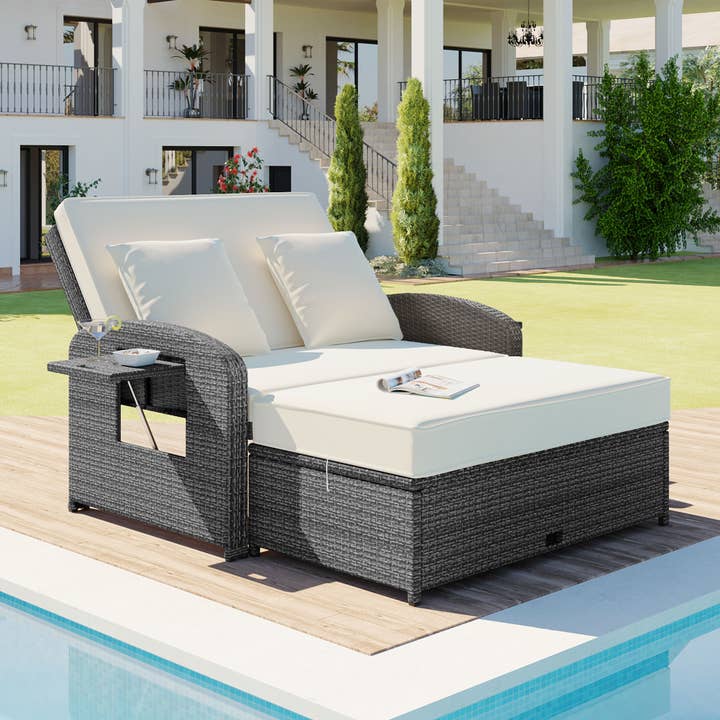 White PE Wicker Rattan Double Chaise Lounge for wholesale on Faire