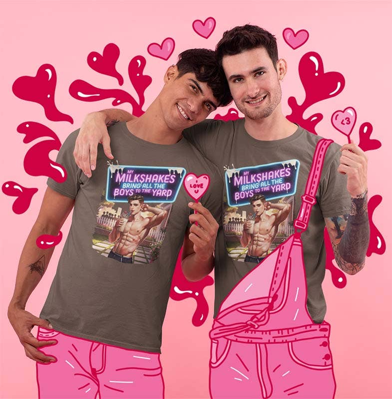 Brown My Milkshakes Bring All the Boys to the Yard LGBTQ Pride Tee for wholesale on Faire7