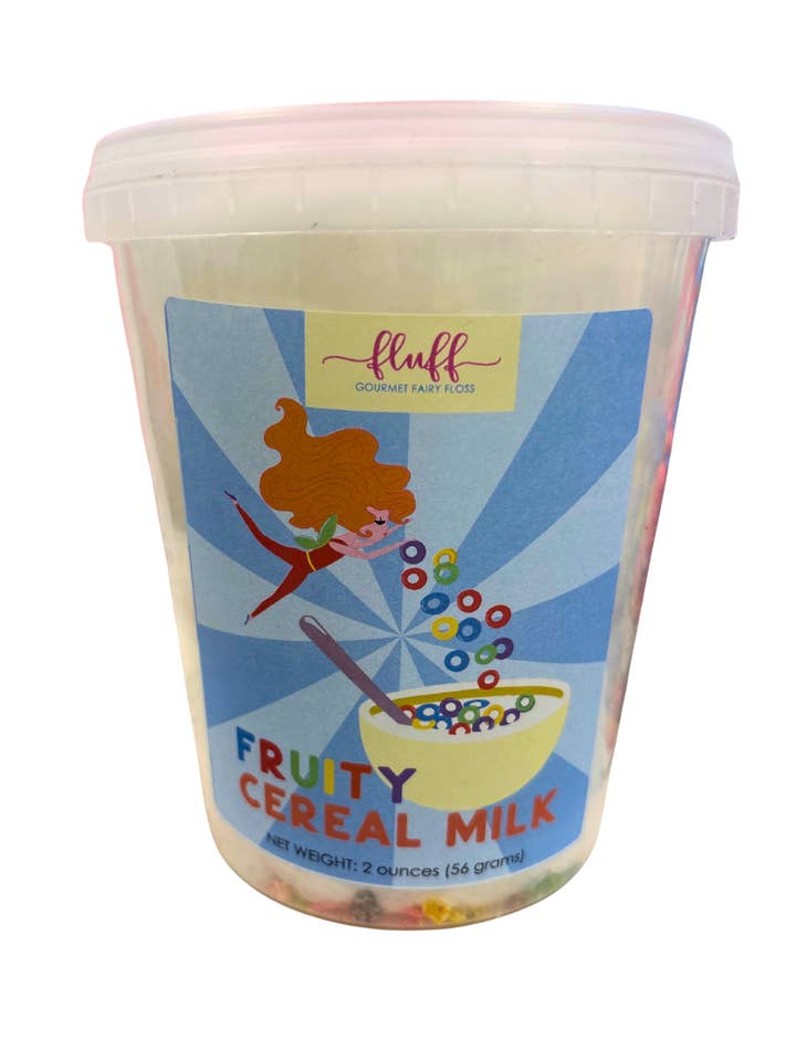 Frugtagtig morgenmadsproduktmælk sukkerspind for engroshandel hos Fluff gourmet fairy floss
