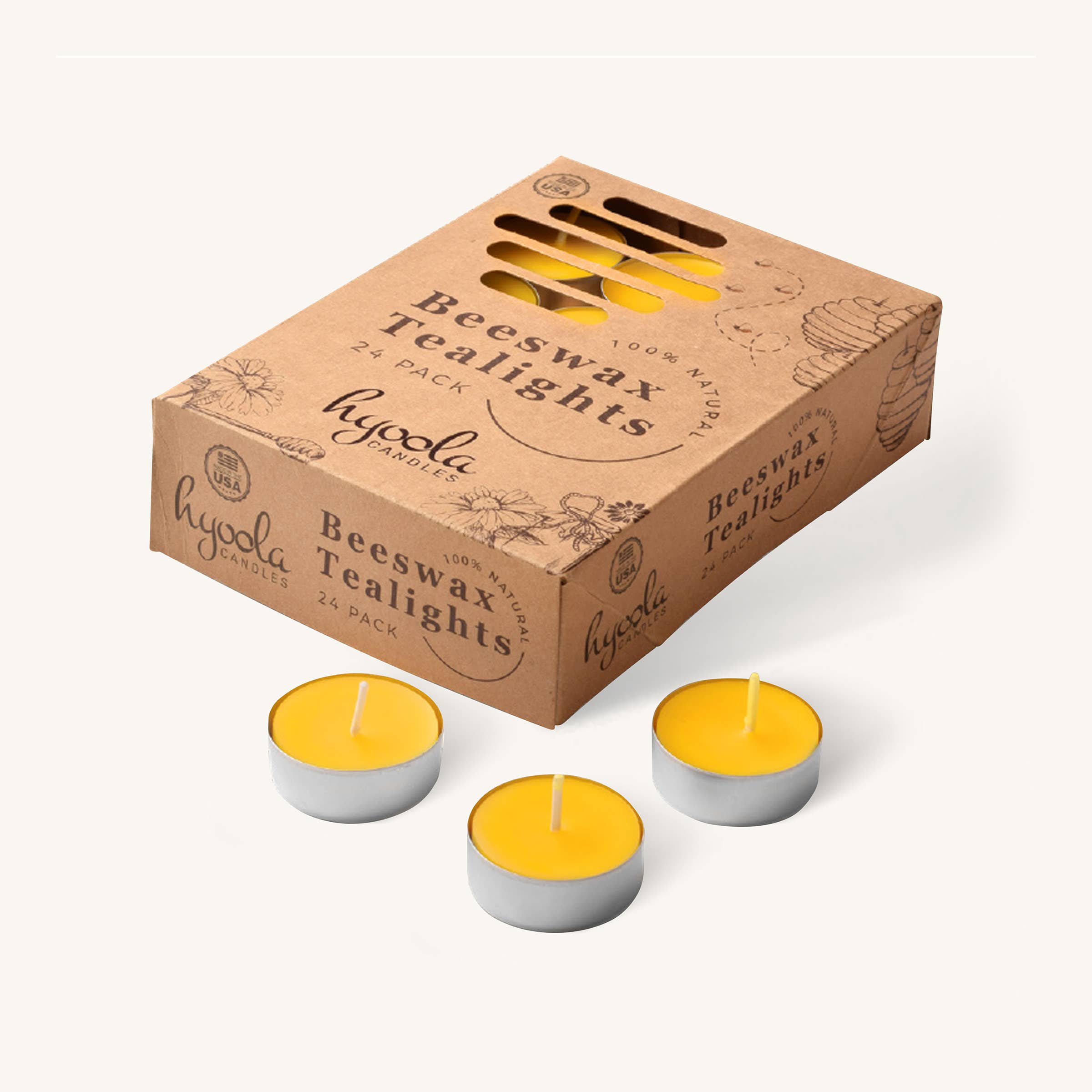 Hyoola Candles – Großhandel Teelichter – Gelbe Bienenwachs-Teelichter im Aluminiumbecher — 4 Stunden — 24er-Pack1
