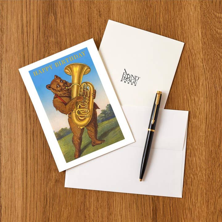 Found Image Press – Conjunto de notas por atacado – Cartão de Felicitações HB-118 Feliz Aniversário, Urso com Tuba1