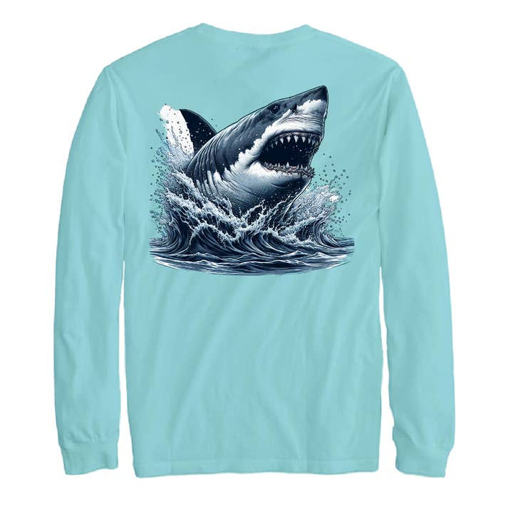 Cape Cod, MA Jaws Damen-Langarmhemd aus Baumwolle für den Großhandel von Saltwater Born