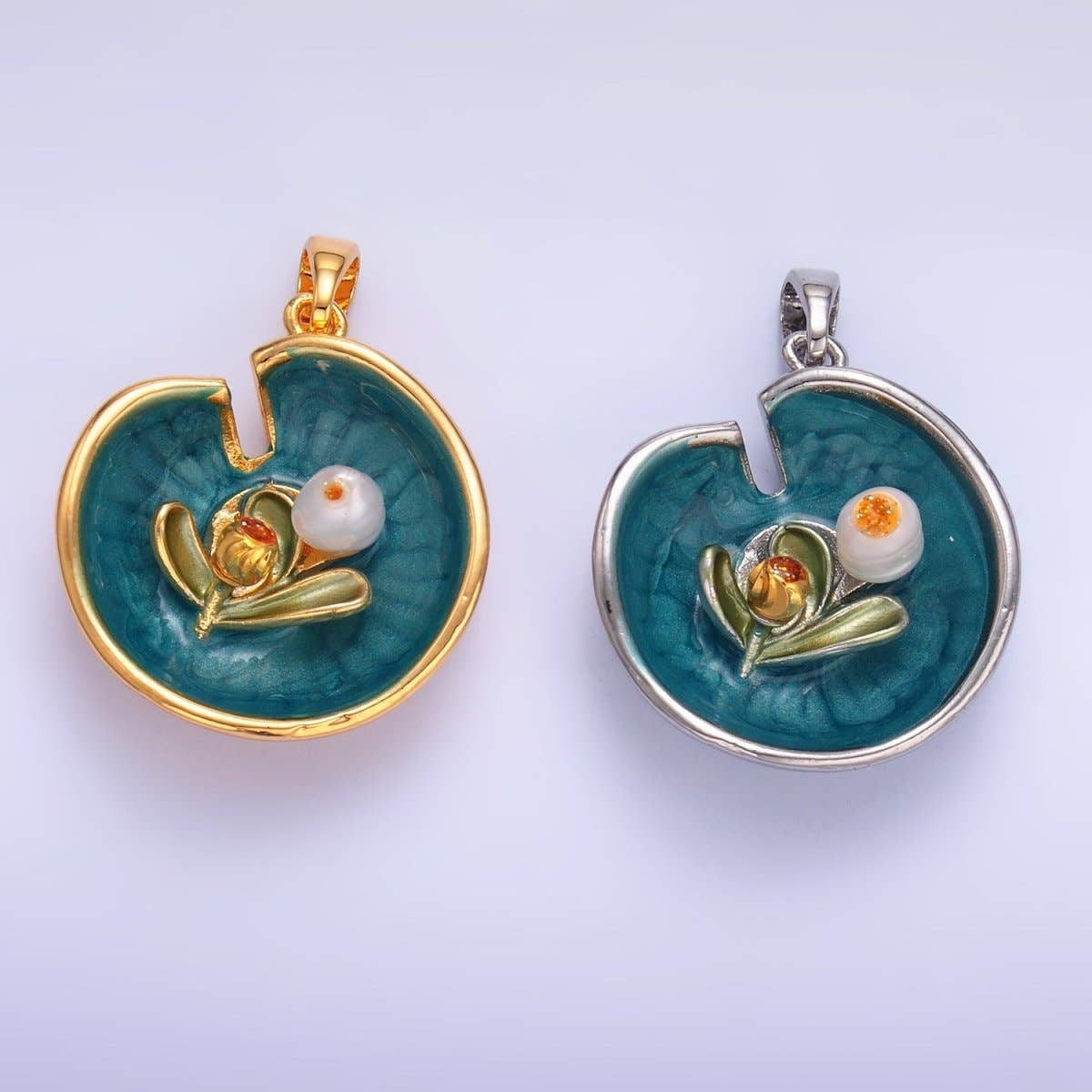 Aim Eternal - Wholesale Individual Charm/Pendant - 24K Gold Filled Water Lily Flower Arrangement Pearl Enamel Charm in Gold & Silver | AA14243
