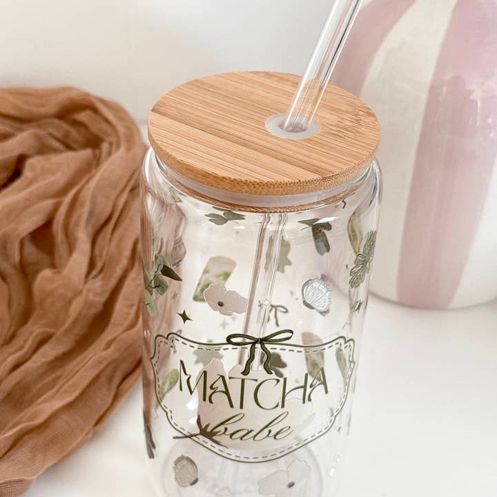 the cute cloud – wholesale Drinking glass/cup – Lux Matcha Babe Glass Tumbler Double Sided & Lid and Straw2