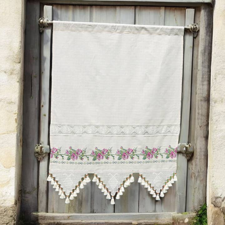 Embroidered Curtain- Floral Lace, Semi Sheer Crocheted Panel for wholesale by CocoMiaDesign