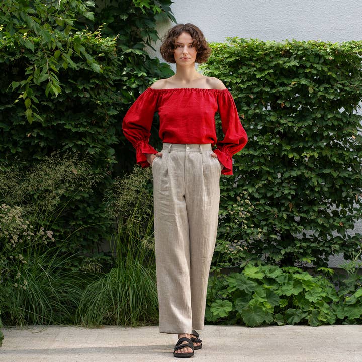 menique - Wholesale Blouse - Women's - Off Shoulder Linen Top with Ruffles Jessica Summer Boho Top