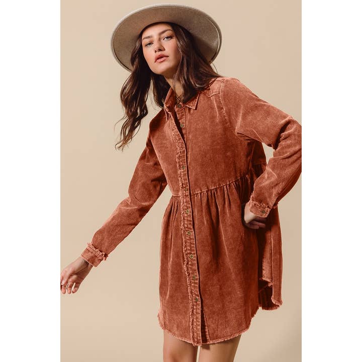 IVE – wholesale Dress – Women's – MINERAL WASHED CORDUROY BUTTON UP SHIRT DRESS