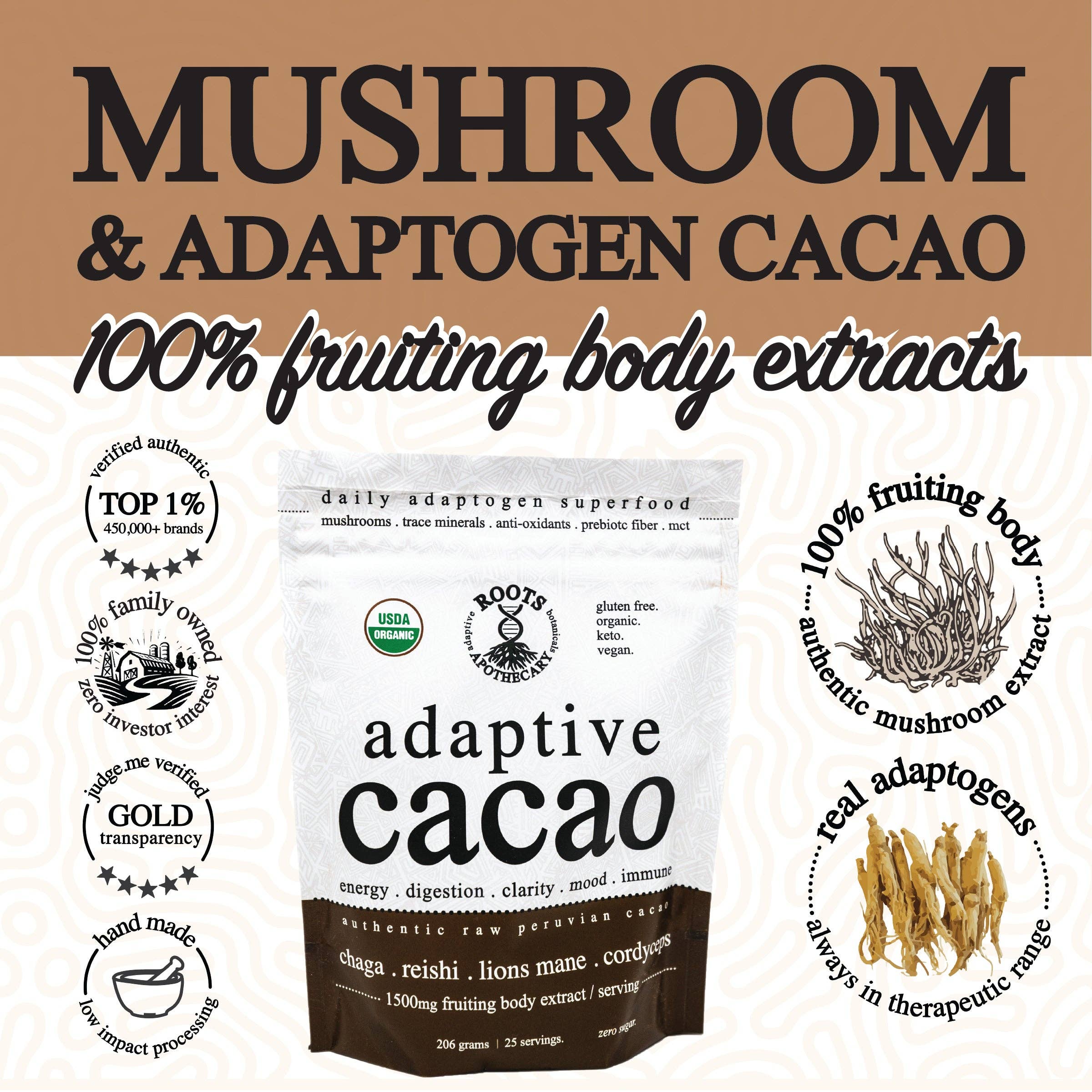 Roots Apothecary - Vendita all'ingrosso Proteine/superfood in polvere - Cacao adattivo. Superfood per le prestazioni.1