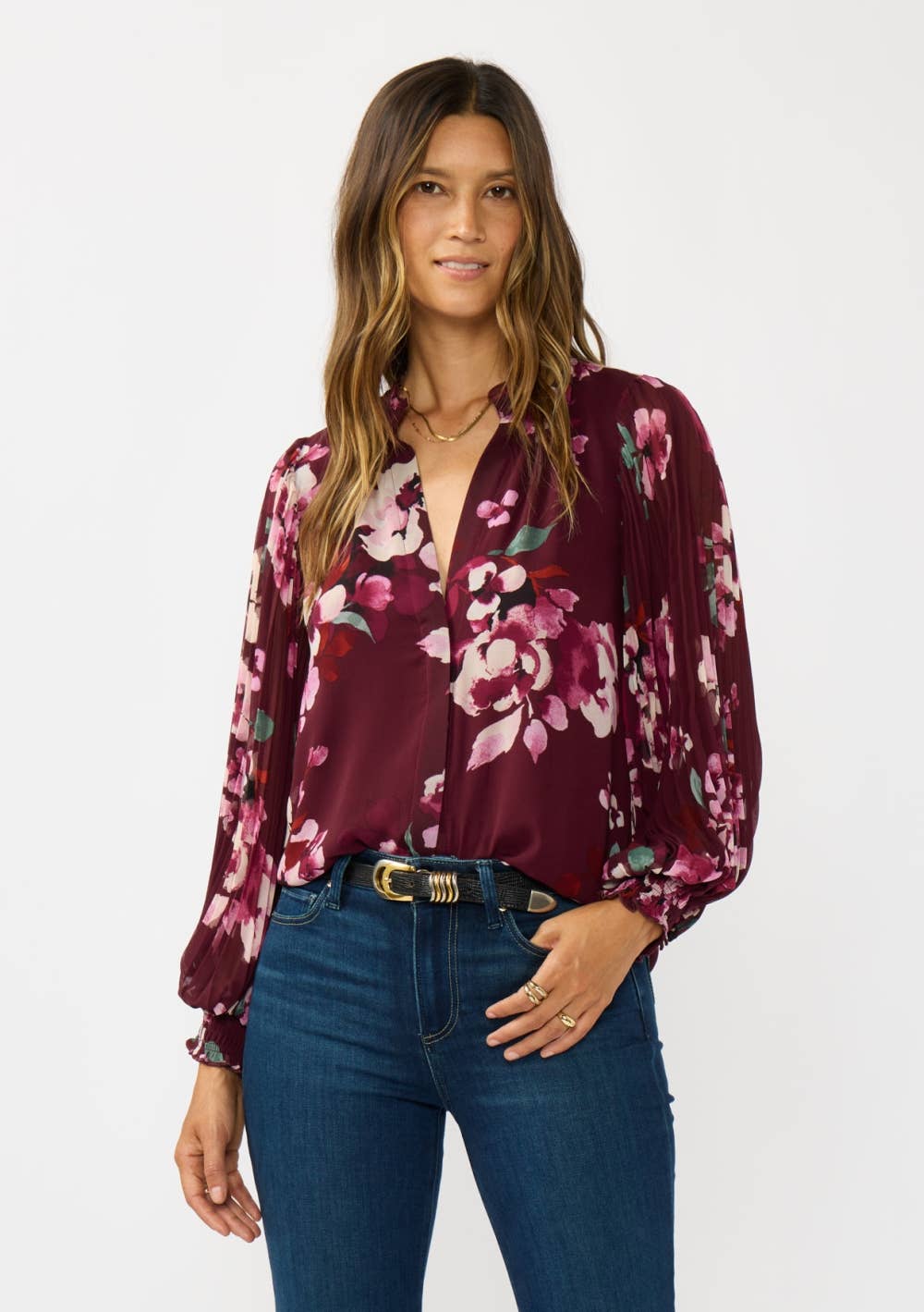 VIN/ROSE POUSSIÉREUX Blouse à boutons florale à manches plissées en vente sur Faire5