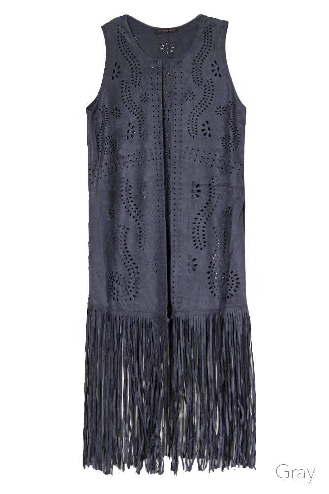 Hana - Venta al por mayor Chaleco de abrigo - Mujer - Chaleco de gamuza cortado con láser con estampado de hojas geométricas10