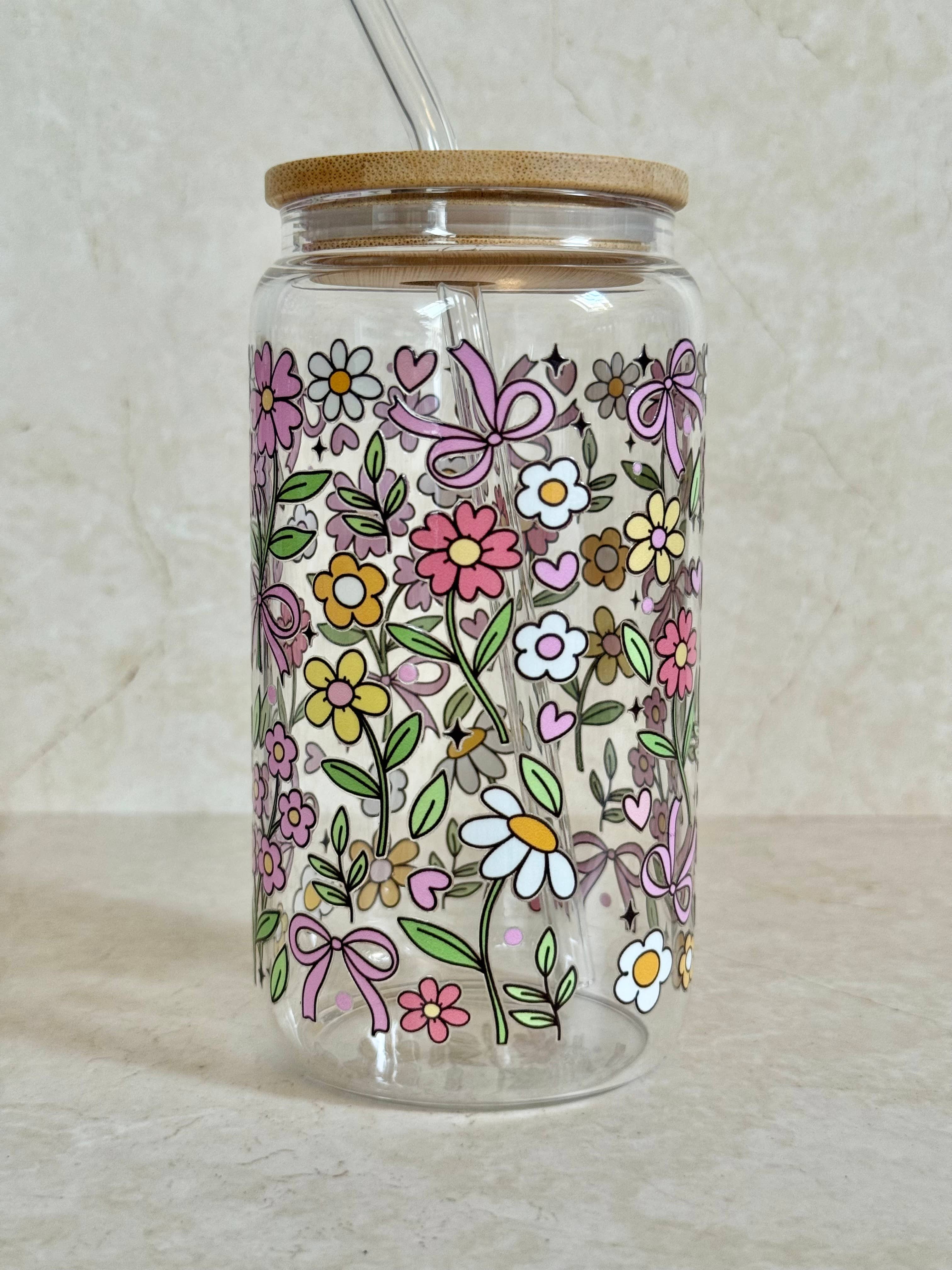 the cute cloud - Vendita all'ingrosso Bicchiere/tazza - Bicchiere in Vetro con Contorni di Fiori con Coperchio in Bambù e Cannuccia in Vetro2