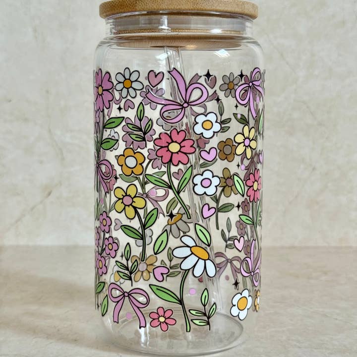 the cute cloud - Vendita all'ingrosso Bicchiere/tazza - Bicchiere in Vetro con Contorni di Fiori con Coperchio in Bambù e Cannuccia in Vetro2