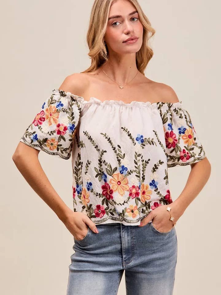 SO ME Floral Embroidered Two Way Off The Shoulder Blouse for wholesale by Beyond Apparel