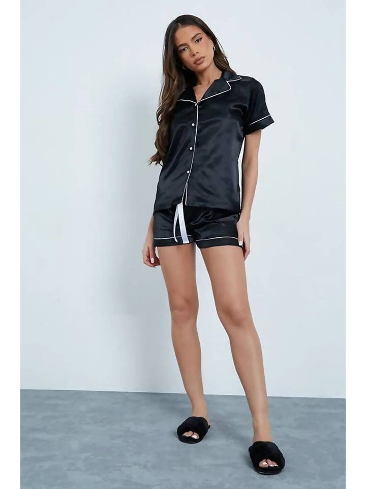 Femme Luxe - Wholesale Sleepwear Set - Women's - Black Piped Satin Shorts Pyjama Set - Crystal