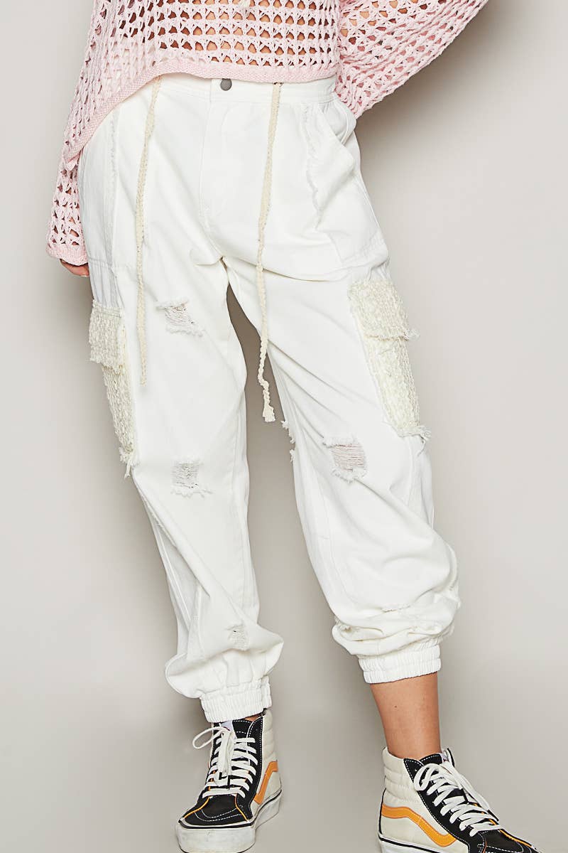 Pol Clothing - Wholesale Jeans - Women's - Tie waistband contrast crochet cargo pockets denim joggers28