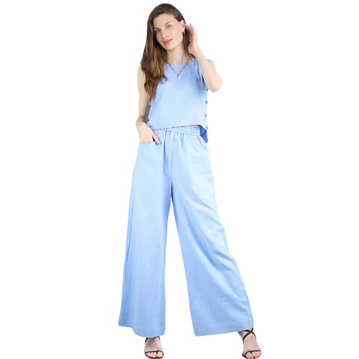 Artyska Women's Two Piece Boat Neck Sleeveless Linen Crop Tank Top Wide Leg Pants Matching Set for wholesale by Artyska